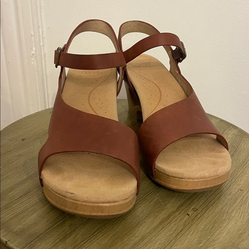 Dansko Tasha Wooden Clog Sandals in Cognac Brown Leather - Picture 2 of 8